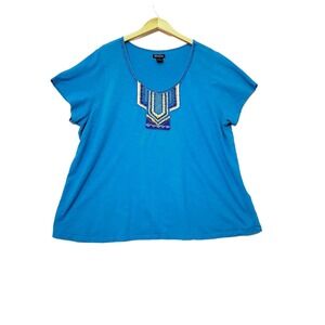 Lucky Brand T Shirt Women Plus Sz 3X Bohemian Beaded Scoop Neck Short Sleeve Top